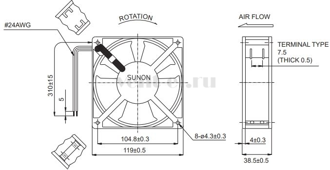 Габаритные размеры Sunon SP100A-1123XBL.GN
