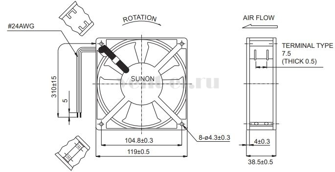Габаритные размеры Sunon SP100A-1123XBT.GN Габаритные размеры Sunon SP100A-1123XBT.GN