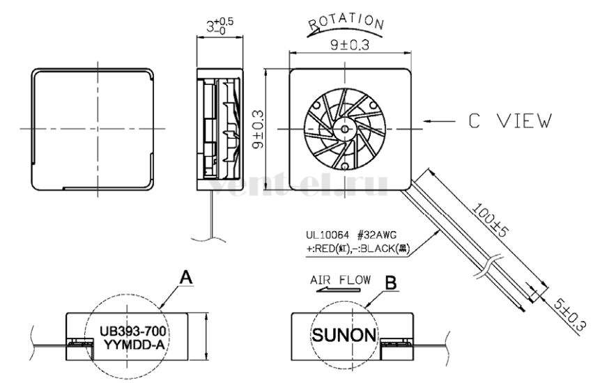 Габаритные размеры Sunon UB393-700TC