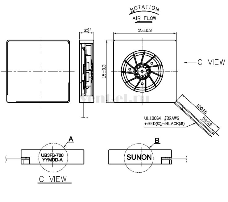 Габаритные размеры Sunon UB3F3-700