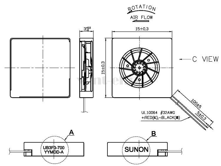 Габаритные размеры Sunon UB3F3-700B