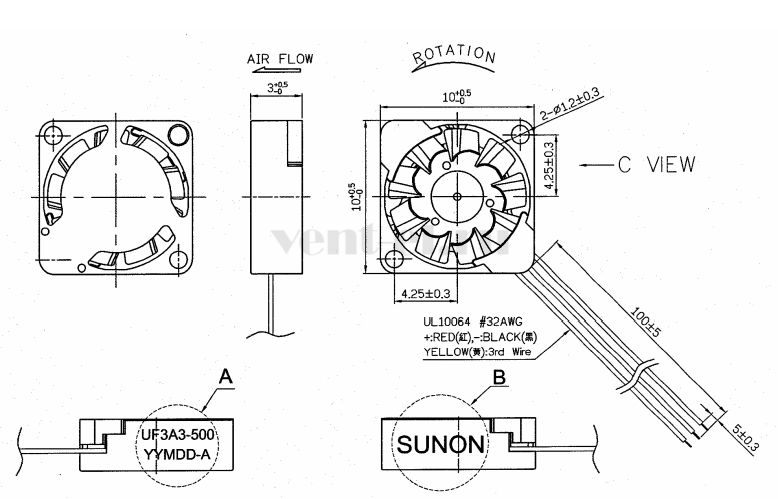 Габаритные размеры Sunon UF3A3-500
