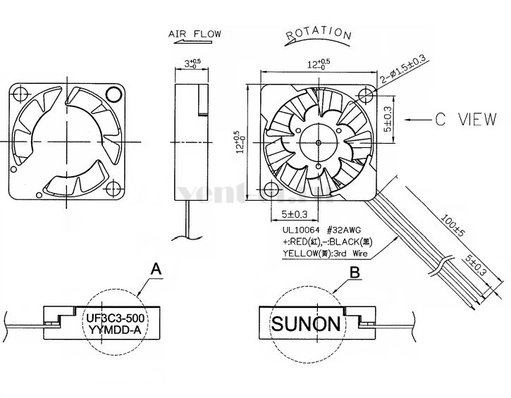 Габаритные размеры Sunon UF3C3-500