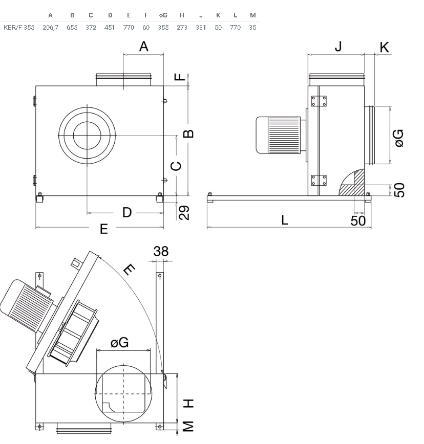 Габаритные размеры вентилятора дымоудаления KBR/F 355E4/K F400