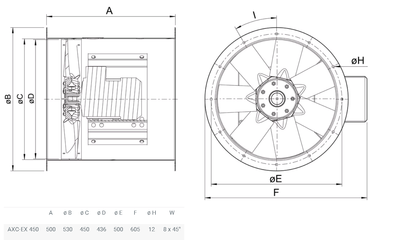 Габаритные размеры взрывозащищенного осевого вентилятора AXC-EX 450-7/24°-2 (EX-RU) для круглых воздуховодов