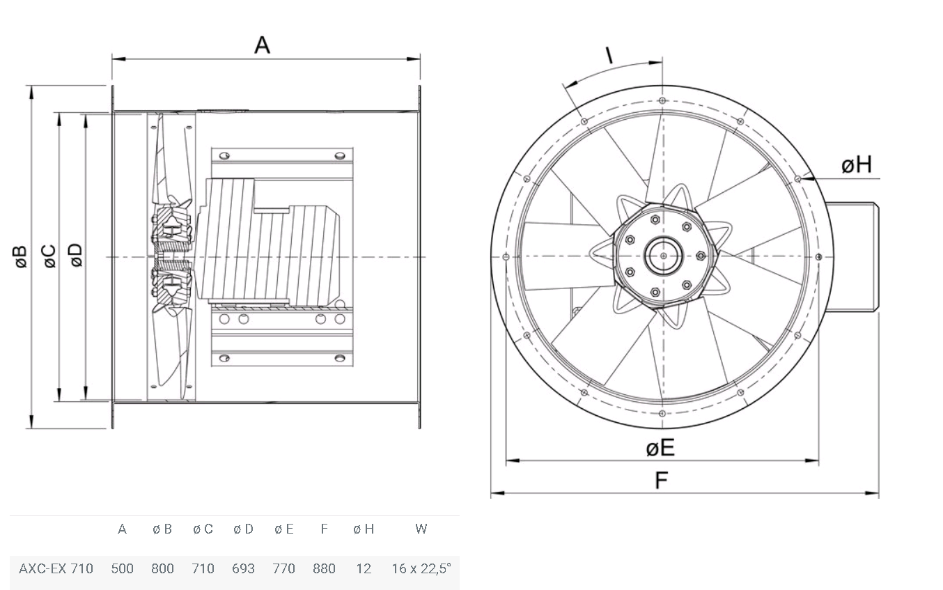 Габаритные размеры взрывозащищенного осевого вентилятора AXC-EX 710-9/30°-4 (EX-RU) для круглых воздуховодов