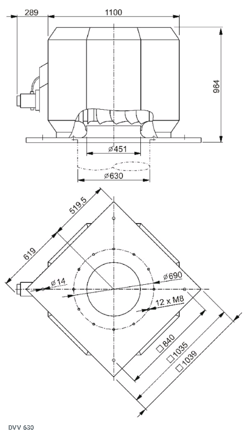 Габаритные размеры вентилятора дымоудаления DVV 630D4-6-XL/F400