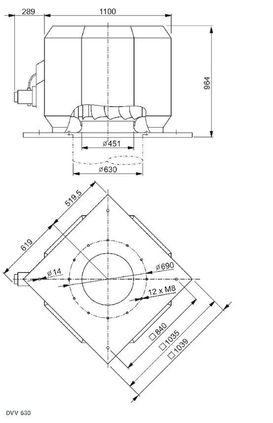 Габаритные размеры вентилятора дымоудаления DVV 630D6-XL/F400