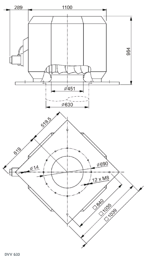 Габаритные размеры вентилятора дымоудаления DVV 630D4-XS/F400