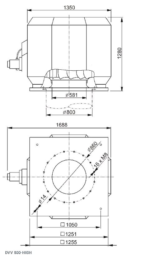 Габаритные размеры вентилятора дымоудаления DVV 800D4-6-XL/F400