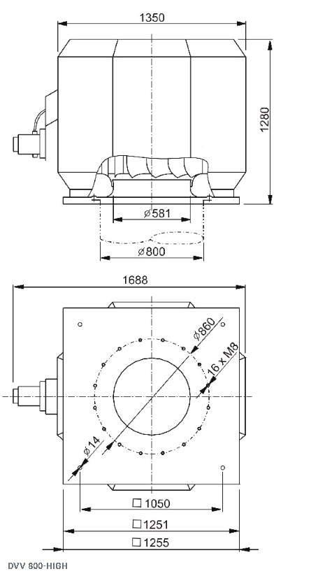 Габаритные размеры вентилятора дымоудаления DVV 800D4-6-XS/F400