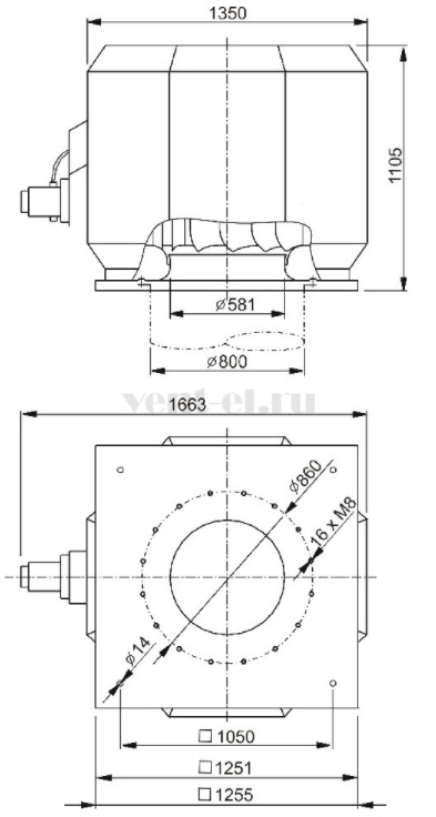 Габаритные размеры высокотемпературного крышного вентилятора DVV 800D6-XL/120°C