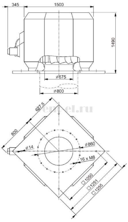 Габаритные размеры высокотемпературного крышного вентилятора DVV 1000D6-XL/120°C