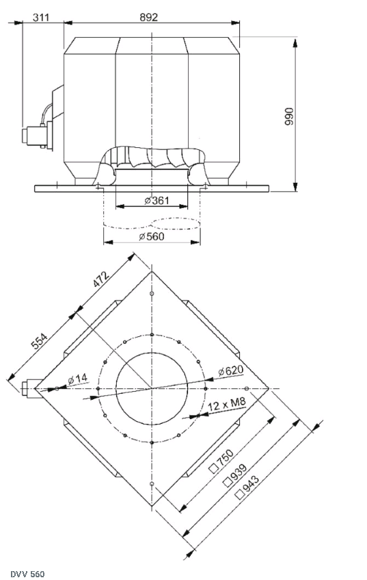 Габаритные размеры вентилятора дымоудаления DVV 560D4-XL/F400