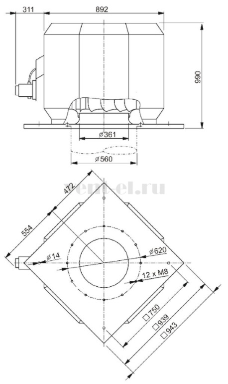 Габаритные размеры высокотемпературного крышного вентилятора DVV 560D4-XL/120°C
