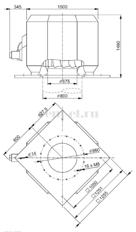 Габаритные размеры высокотемпературного крышного вентилятора DVV 1000D6-XP/120°C
