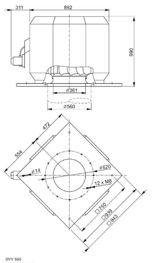 Габаритные размеры вентилятора дымоудаления DVV 560D4-6-XL/F400