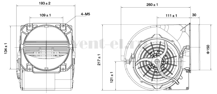 Габаритные размеры радиального вентилятора Vanvent LXFFD2E146-151-M92/35