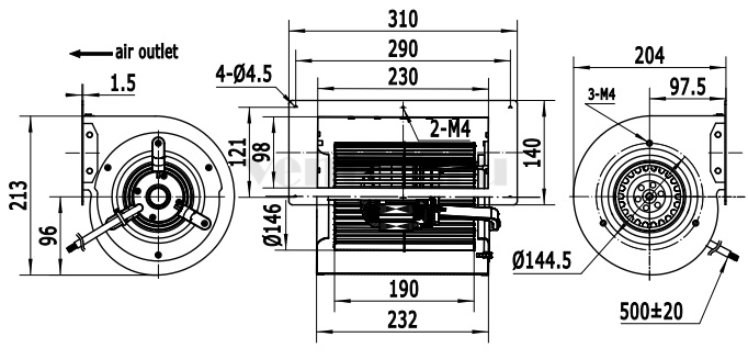 Габаритные размеры радиального вентилятора Vanvent LXFFD2E146-190-M92-45-B232