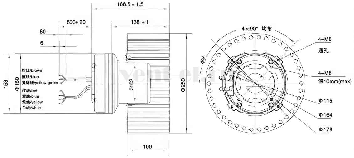 Габаритные размеры вентилятора Вейгуанг EC102/50E3G01-FR250/100S1-01