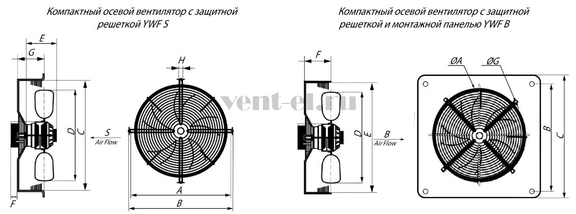 Осевой вентилятор YWF4D-500S габаритные размеры