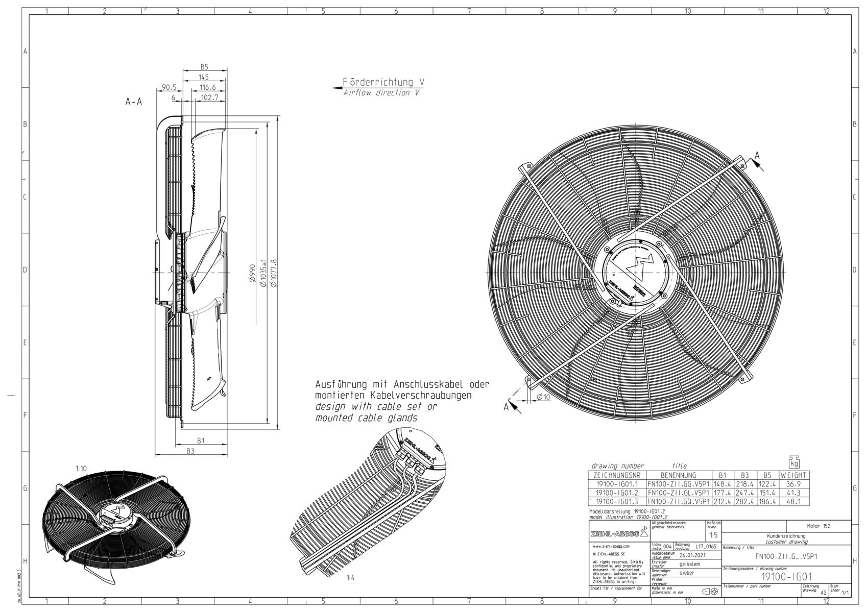 Габаритные размеры  осевого вентилятора  FN100-ZII.GL.V5P1
