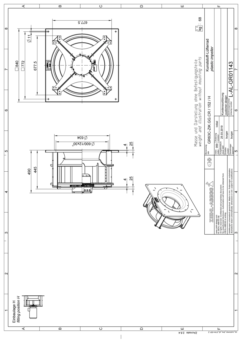 Габаритные размеры  центробежного вентилятора  GR63C-ZIK.GG.CR
