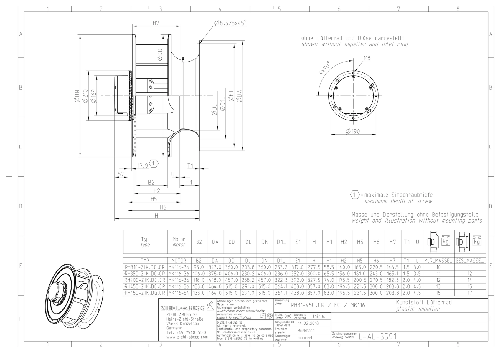 Габаритные размеры  рабочего колеса RH40C-ZIK.DC.CR