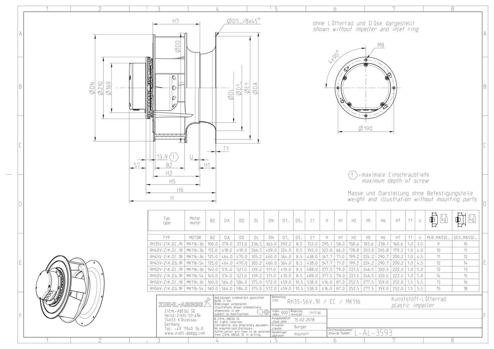 Габаритные размеры  рабочего колеса RH40V-ZIK.DC.1R