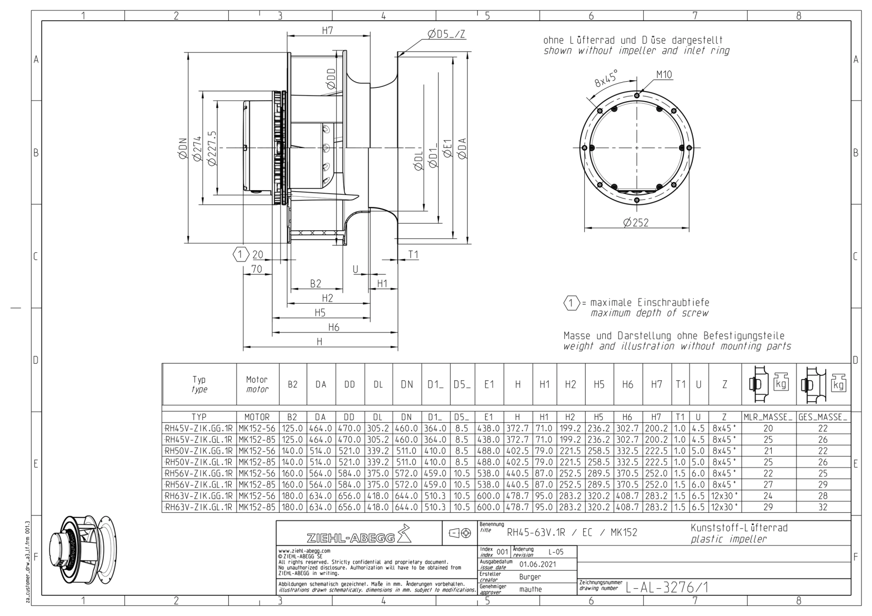 Габаритные размеры  рабочего колеса RH56V-ZIK.GG.1R